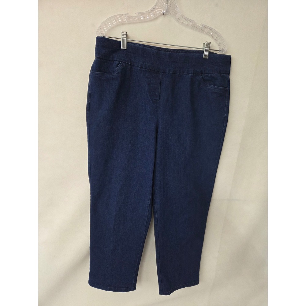 Alfred Dunner Petite 14P Dark Wash Pull On Denim Straight Leg Pants Stretch Blue